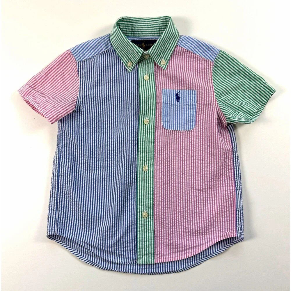 Ralph Lauren Boys 3/3T Patchwork Seersucker Short Sleeve Button Shirt